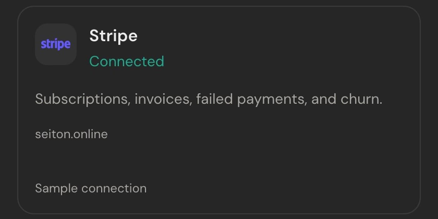 Seiton integrations — Stripe connected as the billing source
