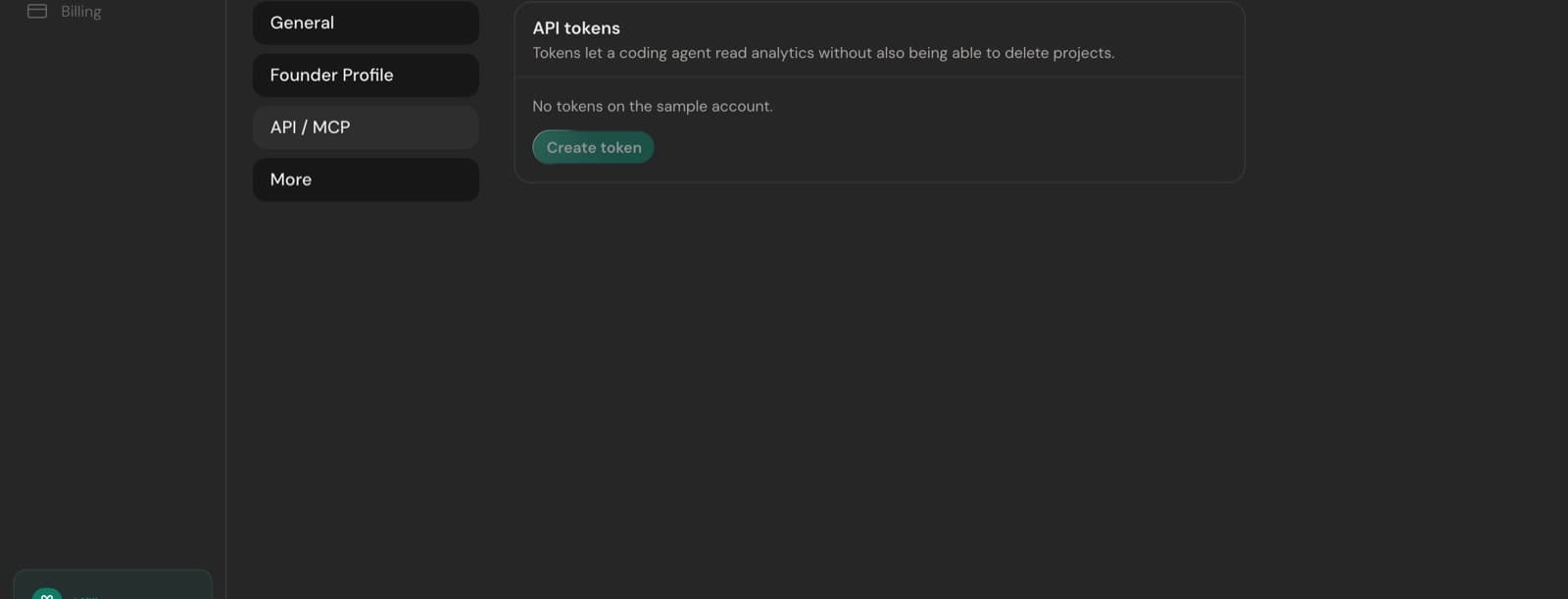 The API / MCP settings tab with the create-token action