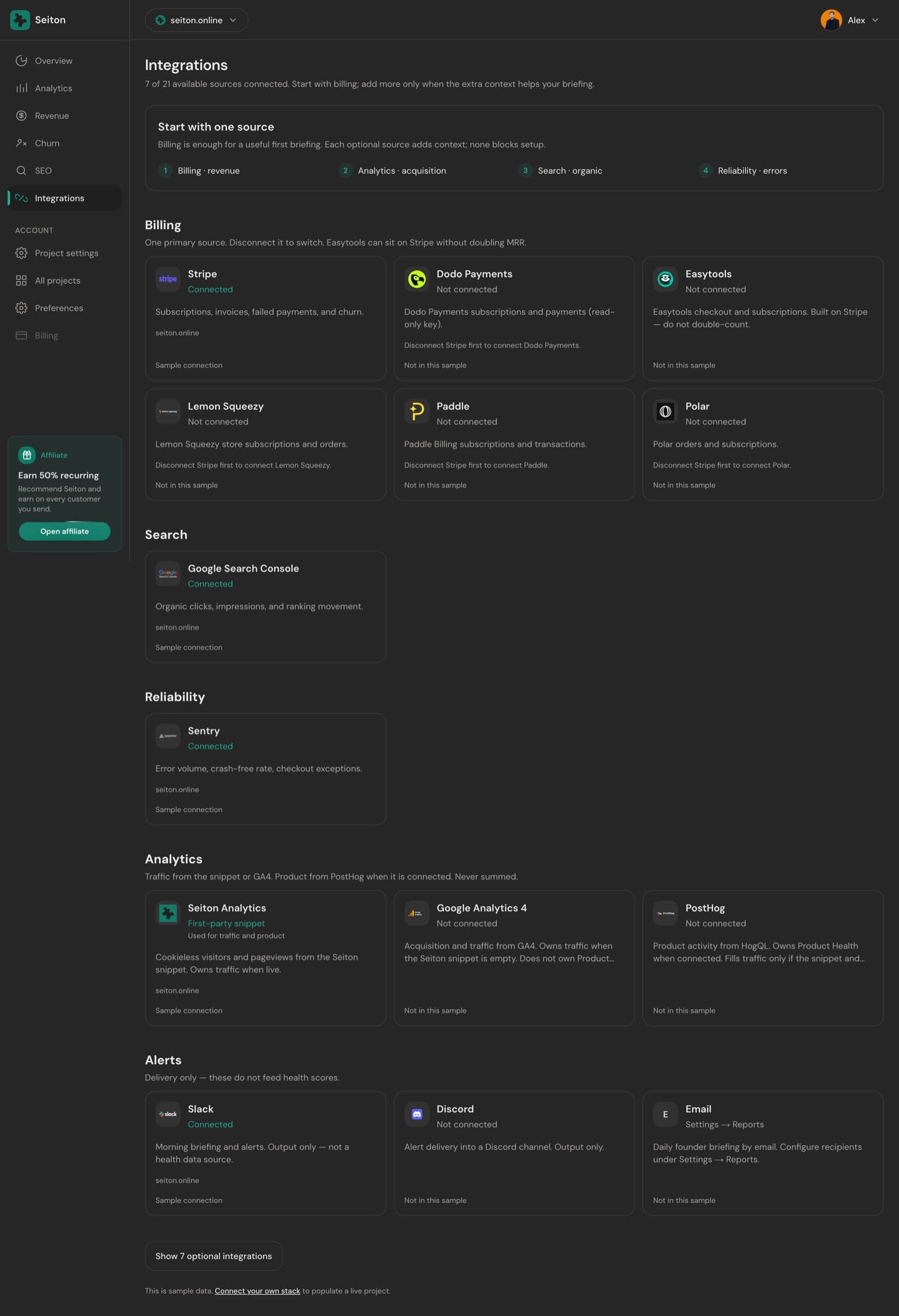 The integrations page grouped by category with connected and available sources