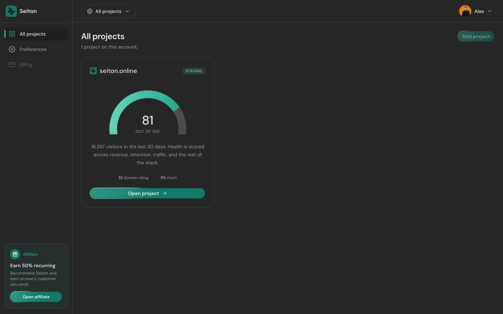 The all-projects view with a health dial per project